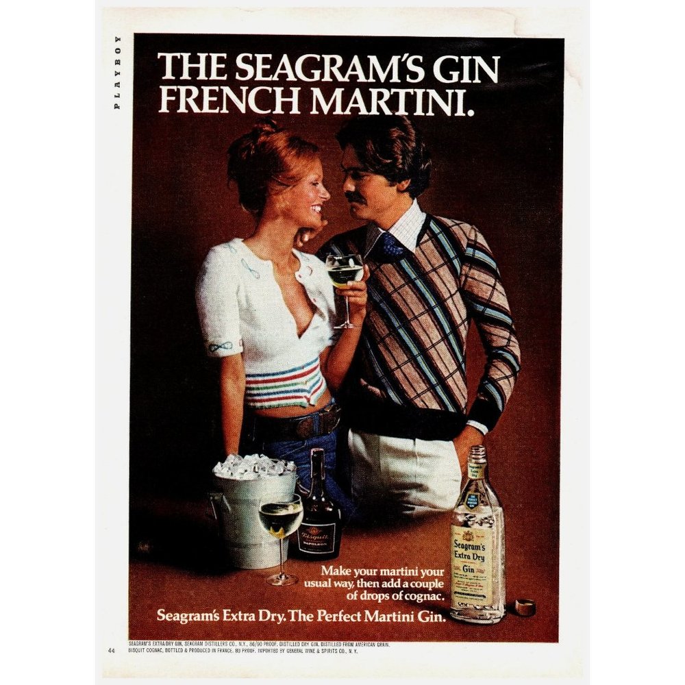 1975 Seagram's Gin French Martini Vintage Print Ad Couple Cleavage Redhead Decor